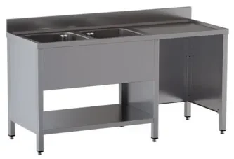 Plonge 2 bacs 1 étagère avec dosseret et passage lave vaisselle à droite - 1800x600x850 mm inox Commander Maintenant
