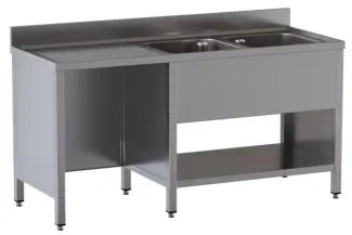 Plonge 2 bacs 1 étagère avec passage lave vaisselle à gauche et dosseret - 1800x700x850 mm inox Petit Prix