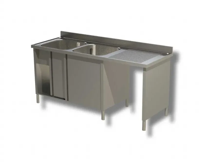 Meilleure Vente Plonge adossée 2 bacs 2 portes coulissantes avec passage lave vaisselle à droite - 1600x600x850 mm inox