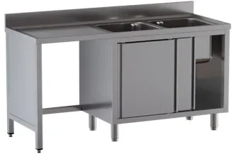Plonge adossée 2 bacs 2 portes coulissantes avec passage lave vaisselle à gauche - 2000x600x850 mm inox Retour Gratuit
