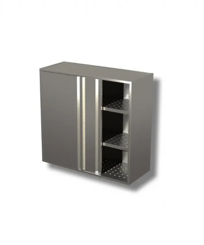 Marque Placard inox 430 mural avec 2 portes coulissantes et 2 étagères perforées - 1600x400x1000 mm