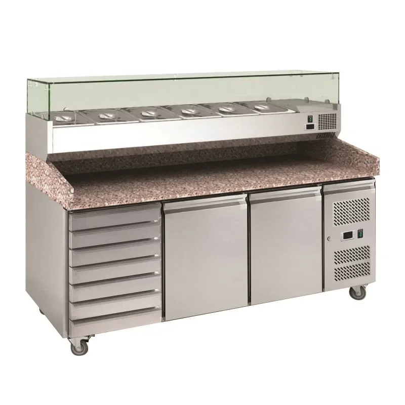 Table à pizza réfrigérée 2 portes +7 tiroirs dessus Granit avec vitrine à ingrédient Certifié
