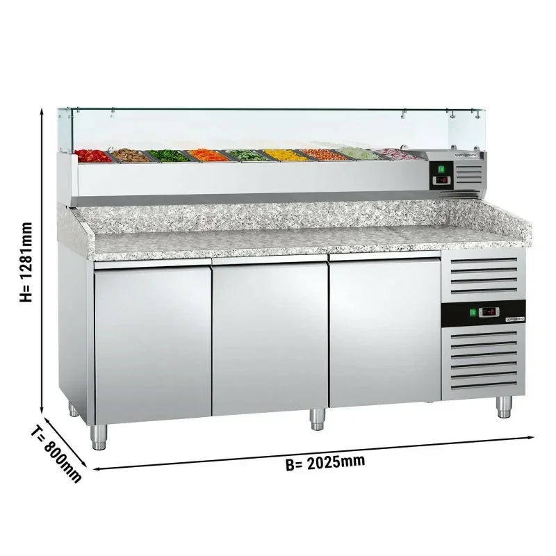 Meilleur Prix Table à Pizzas 3 portes PREMIUM avec vitrine à ingrédients 9 bacs GN 1/3