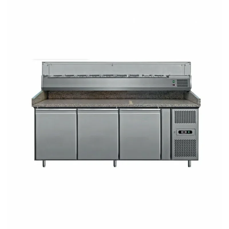 Usine Directe Table à Pizzas 3 portes sur pieds avec vitrine à ingrédients 6 x GN 1/4 - Gamme 700 -