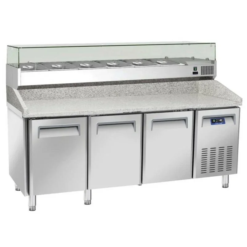 Table à Pizzas 3 portes sur roulettes avec vitrine à ingrédients 9 bacs GN 1/3 Dernière Chance