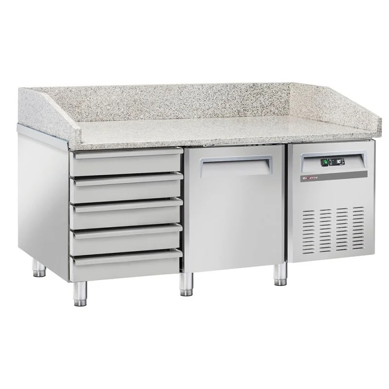 Table Frigo Pizzeria 1 Porte avec 5 Tiroirs Neutres sur Roues, Classe Énergétique C Offre Spéciale