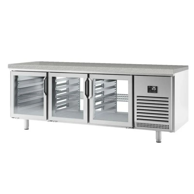 Table réfrigérée (EN) pour boulangerie avec plan granit - 6 portes vitrées traversantes avec ouverture sens inverse Expédition Rapide