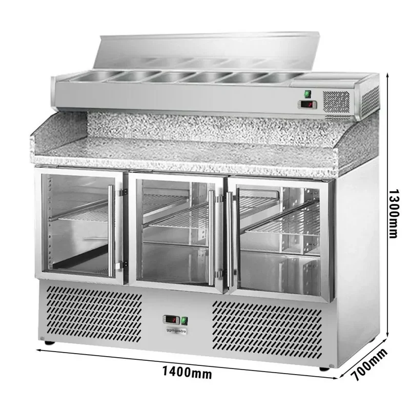 Commander Vite Table réfrigérée pour pizza ECO - 1400x700mm - 3 portes vitrées - vitrine inox réfrigérée incluse