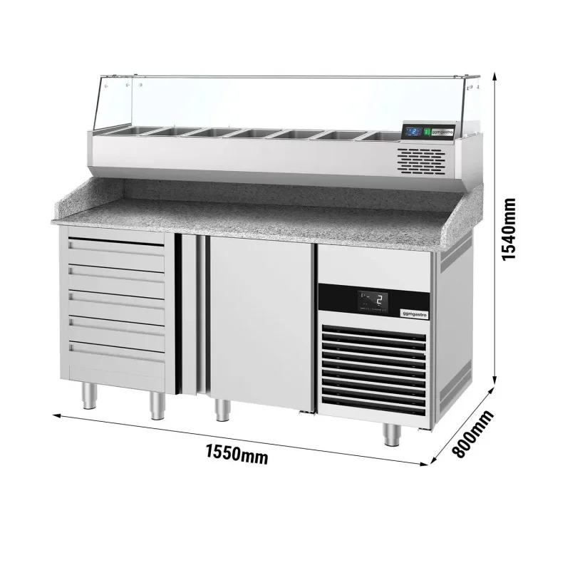 Table réfrigérée pour pizzas PREMIUM avec 1 porte et 7 tiroirs - 1550x800mm - 6x GN 1/3 Nouvel Arrivage