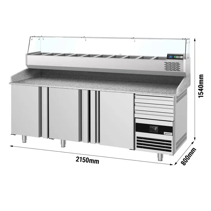 Promotion Table réfrigérée pour pizzas PREMIUM avec 3 portes et 3 tiroirs - 2150x800mm - 10x GN 1/3
