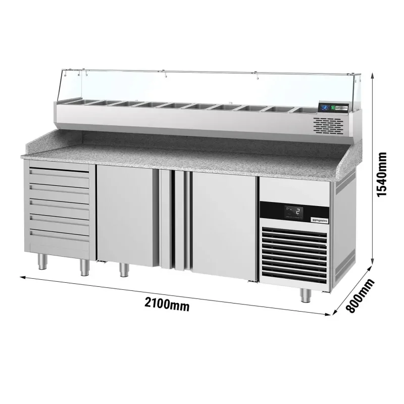 Achat Immédiat Table réfrigérée pour pizzas PREMIUM avec 3 portes et 7 tiroirs - 2100x800mm - 10x GN 1/3