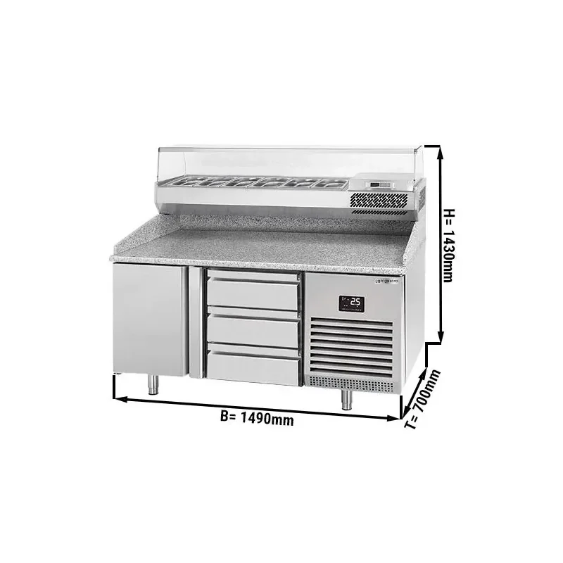 Table réfrigérée pour pizzas PREMIUM PLUS avec 1 porte et 3 tiroirs - 1490x700mm - 6x GN 1/4 Achat Immédiat