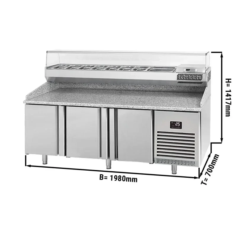 Top Vente Table réfrigérée pour pizzas PREMIUM PLUS avec 3 portes - 1980x700mm - 9x GN 1/4