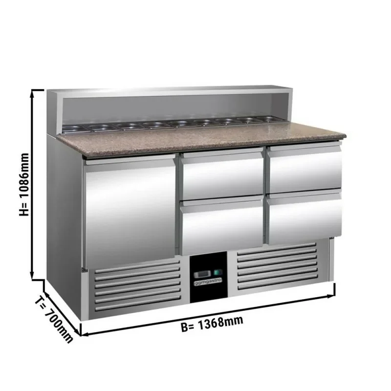 Saladette avec dessus granit - 1 porte et 4 tiroirs - Capacité 8 GN 1/6 - Premium Meilleur Choix