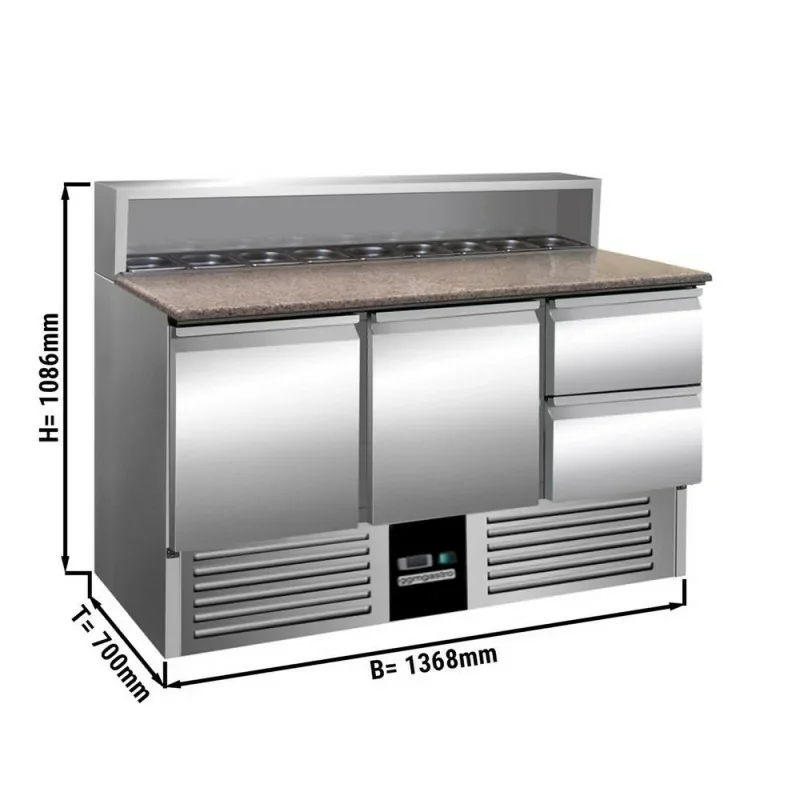 Livraison Gratuite Saladette avec dessus granit - 2 portes et 2 tiroirs - Capacité 8 GN 1/6 - Premium