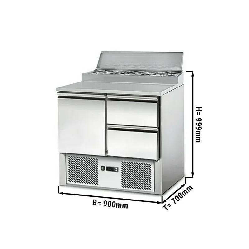 Certifié Saladette avec plan inox - 1 porte et 2 tiroirs 1/2 - Capacité 5 GN 1/6