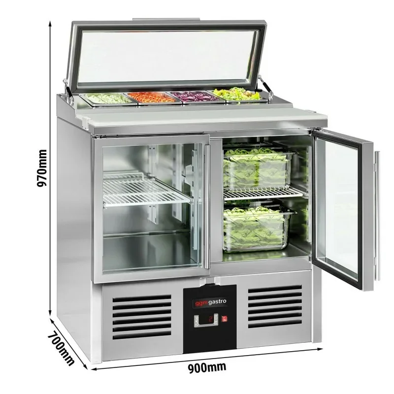 Commander Maintenant Saladette PREMIUM avec 2 portes et couvercle en verre - 900x700mm - 4x GN 1/3