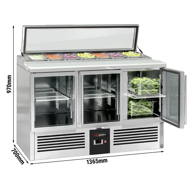Authentique Saladette PREMIUM avec 3 portes et couvercle en verre - 1365x700mm - 7x GN 1/3
