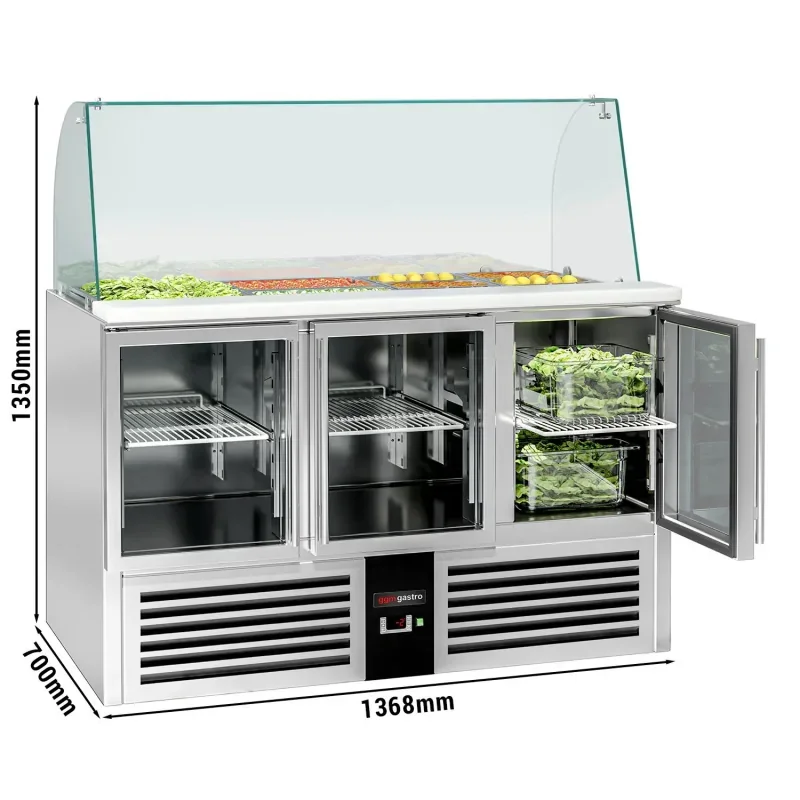 Top Vente Saladette PREMIUM avec 3 portes vitrées - 1368x700mm - 4x GN 1/1
