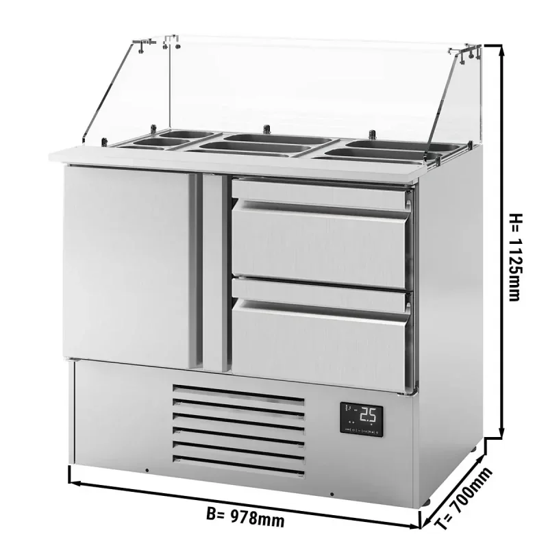 Saladette PREMIUM PLUS avec 1 porte et 2 tiroirs - 978x700mm - 6x GN 1/3 et 3x GN 1/6 Prix Choc