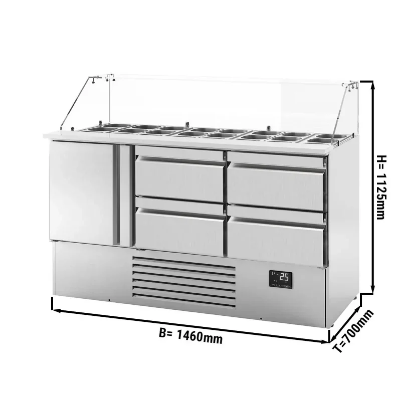 Promotion Saladette PREMIUM PLUS avec 1 porte et 4 tiroirs - 1460x700mm - 4x GN 1/1