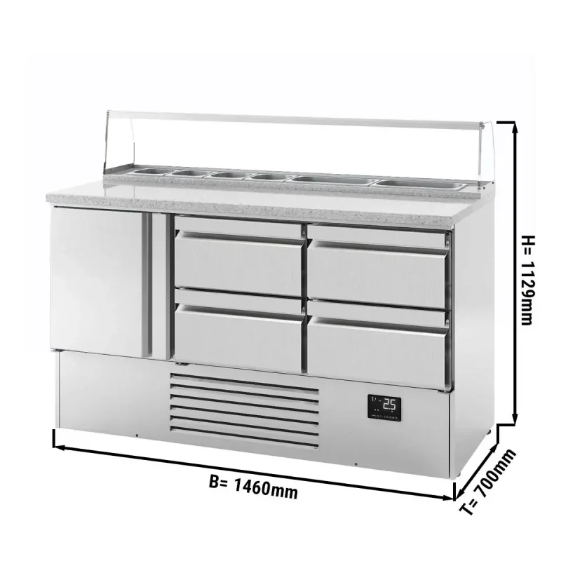Saladette PREMIUM PLUS avec 1 porte et 4 tiroirs - 1460x700mm - 8x GN 1/6 Expédié Aujourd’hui