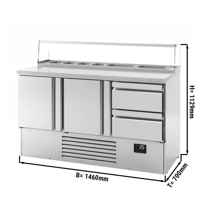 Saladette PREMIUM PLUS avec 2 portes et 2 tiroirs - 1460x700mm - 8x GN 1/6 Prix Bas