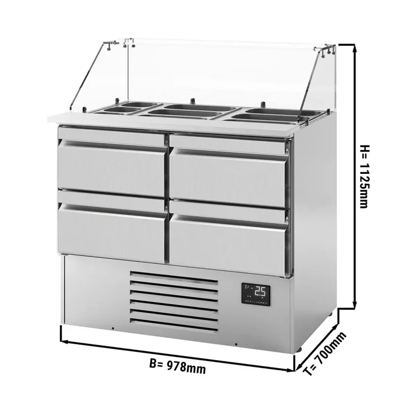 Nouvelle Collection Saladette PREMIUM PLUS avec 4 tiroirs - 978x700mm - 6x GN 1/3 et 3x GN 1/6