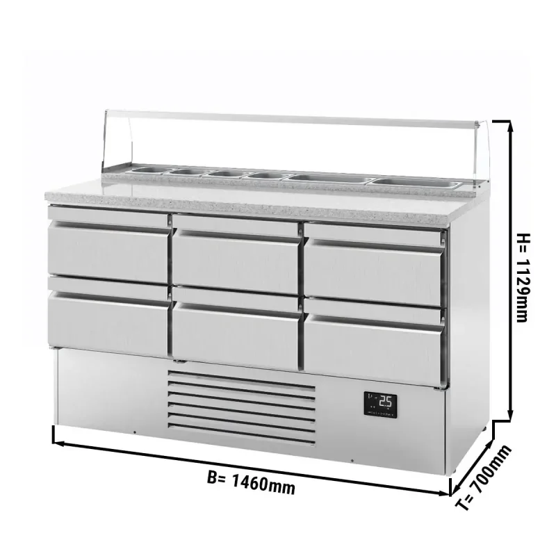 Remise Saladette PREMIUM PLUS avec 6 tiroirs - 1460x700mm - 8x GN 1/6