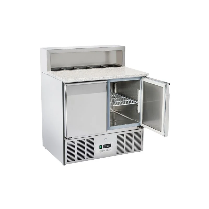 Saladette réfrigérée 2 portes inox GN1/1 dessus pour pizza + 5 contenants GN1/6 265L Jusqu’à Épuisement Des Stocks