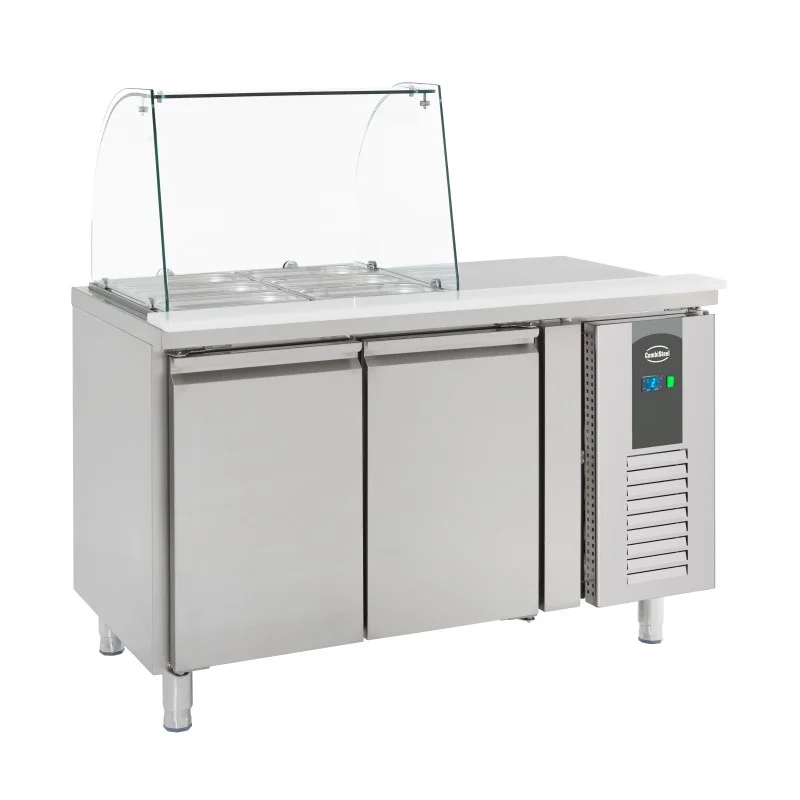 Saladette réfrigérée positive avec pare-haleine - vitrage bombé - 2 portes - 2 x GN 1/1 Réduction