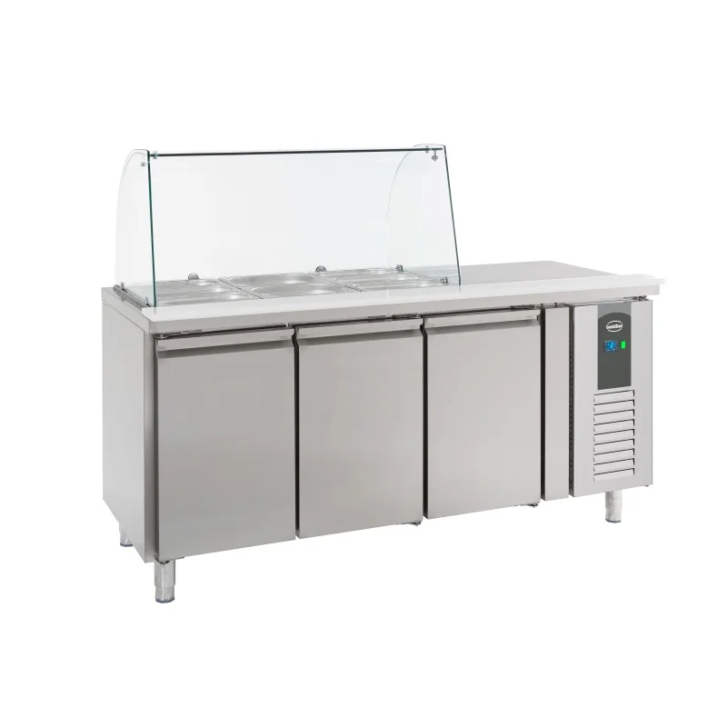 Saladette réfrigérée positive avec pare-haleine - vitrage bombé - 3 portes - 3 x GN 1/1 Prix Promo