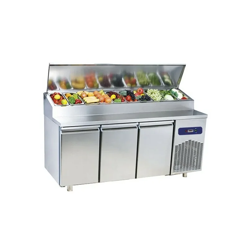 table de préparation réfrigérée avec 3 portes GN 1/1, 10x GN 1/3 h : 150 mm, +2°/+8°C Super Prix